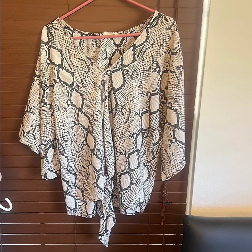 Eesome Tan Asymmetrical Tie Front Blouse